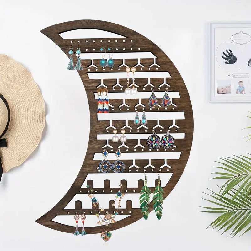 Moon Wooden Wall-Mounted Jewelry Organizer (Brown)